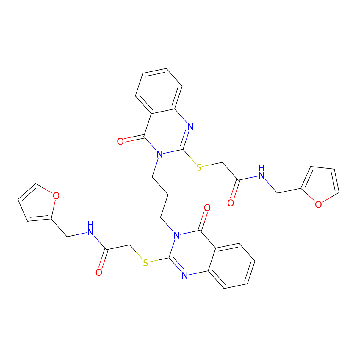 N-[(furan-2-yl)methyl]-2-{[3-(3-{2-[({[(furan-2-yl)methyl]carbamoyl}methyl)sulfanyl]-4-oxo-3,4-dihydroquinazolin-3-yl}propyl)-4-oxo-3,4-dihydroquinazolin-2-yl]sulfanyl}acetamide molecular structure, CAS 689771-69-5