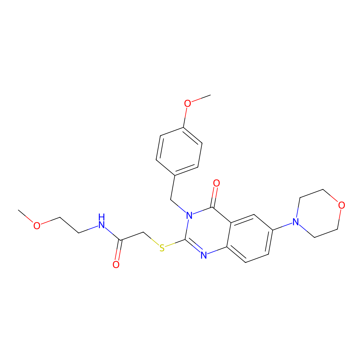 N-(2-methoxyethyl)-2-[[3-[(4-methoxyphenyl)methyl]-6-(4-morpholinyl)-4-oxo-2-quinazolinyl]thio]acetamide molecular structure, CAS 689771-71-9