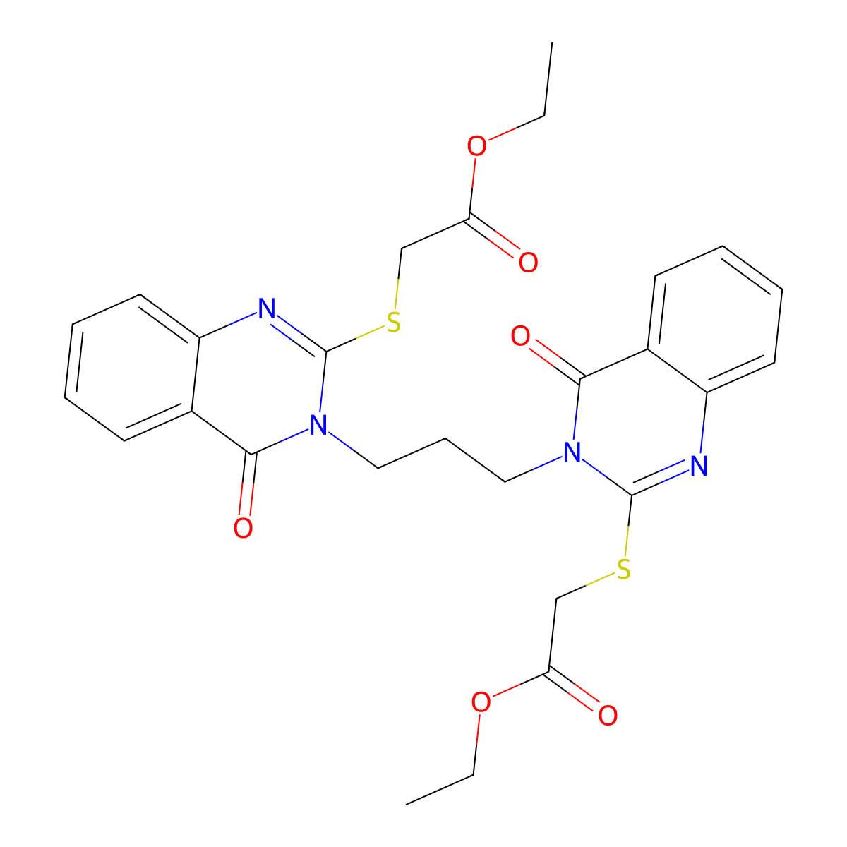 Ethyl 2-{[3-(3-{2-[(2-ethoxy-2-oxoethyl)sulfanyl]-4-oxo-3,4-dihydroquinazolin-3-yl}propyl)-4-oxo-3,4-dihydroquinazolin-2-yl]sulfanyl}acetate molecular structure, CAS 689771-72-0