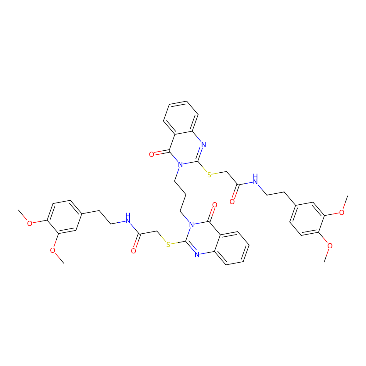 N-[2-(3,4-dimethoxyphenyl)ethyl]-2-{[3-(3-{2-[({[2-(3,4-dimethoxyphenyl)ethyl]carbamoyl}methyl)sulfanyl]-4-oxo-3,4-dihydroquinazolin-3-yl}propyl)-4-oxo-3,4-dihydroquinazolin-2-yl]sulfanyl}acetamide molecular structure, CAS 689771-75-3