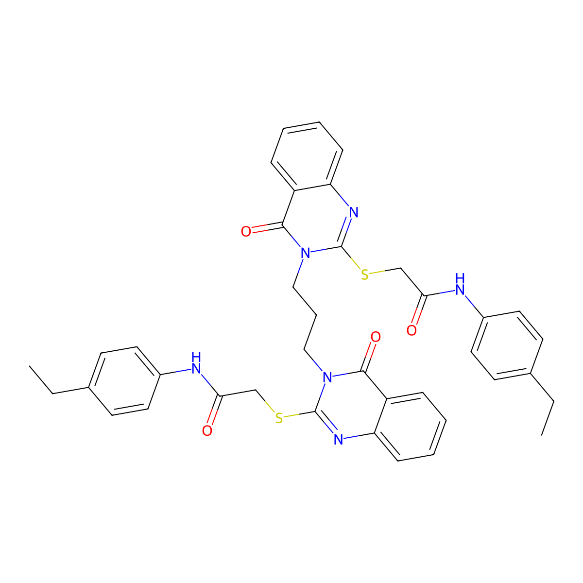 N-(4-ethylphenyl)-2-[(3-{3-[2-({[(4-ethylphenyl)carbamoyl]methyl}sulfanyl)-4-oxo-3,4-dihydroquinazolin-3-yl]propyl}-4-oxo-3,4-dihydroquinazolin-2-yl)sulfanyl]acetamide molecular structure, CAS 689771-78-6