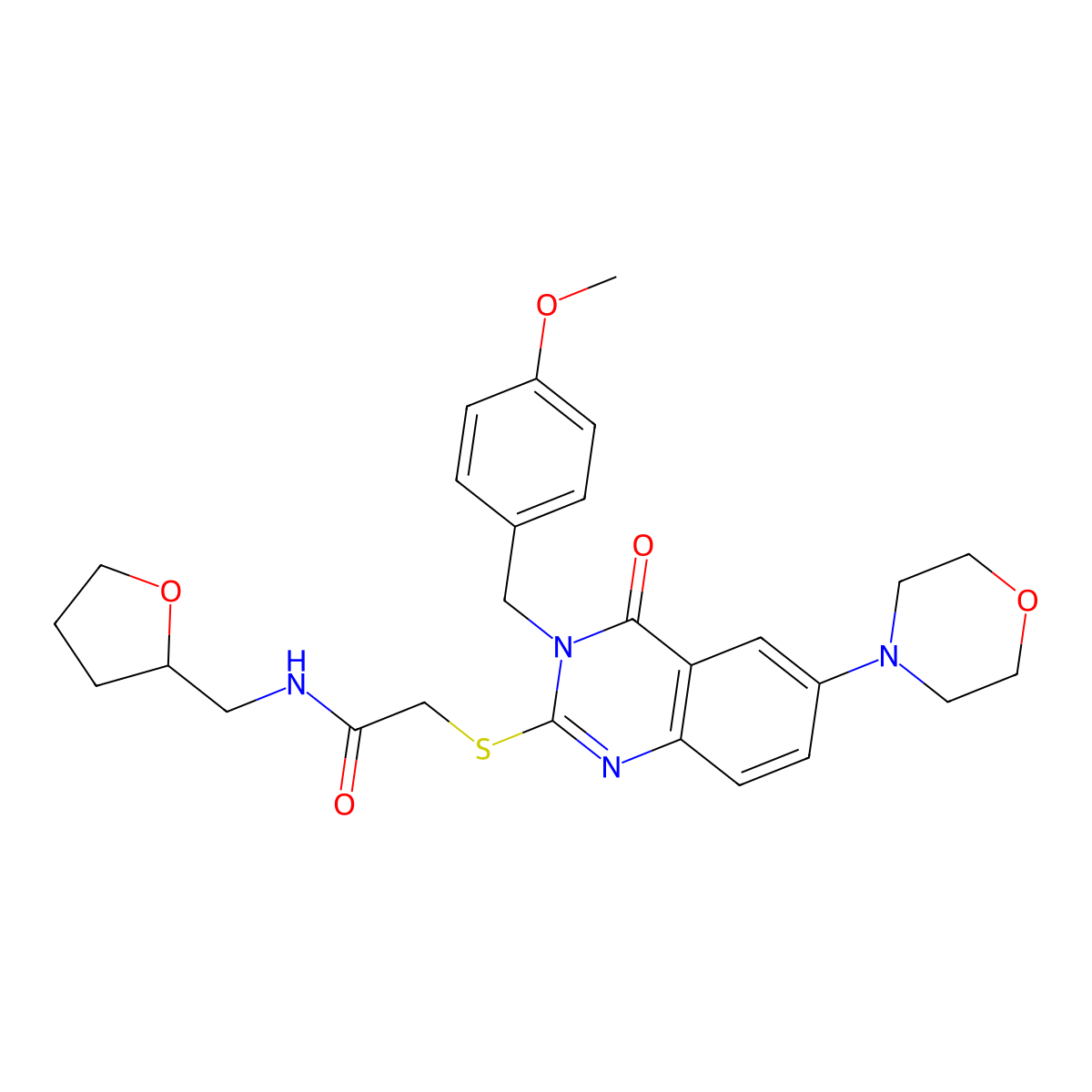 2-({3-[(4-methoxyphenyl)methyl]-6-(morpholin-4-yl)-4-oxo-3,4-dihydroquinazolin-2-yl}sulfanyl)-N-[(oxolan-2-yl)methyl]acetamide molecular structure, CAS 689771-80-0