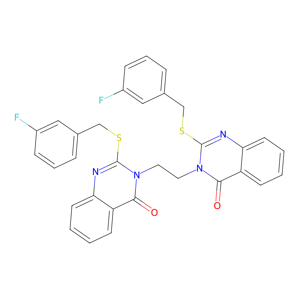 2-[(3-Fluorophenyl)methylsulfanyl]-3-[2-[2-[(3-fluorophenyl)methylsulfanyl]-4-oxoquinazolin-3-yl]ethyl]quinazolin-4-one molecular structure, CAS 689771-81-1