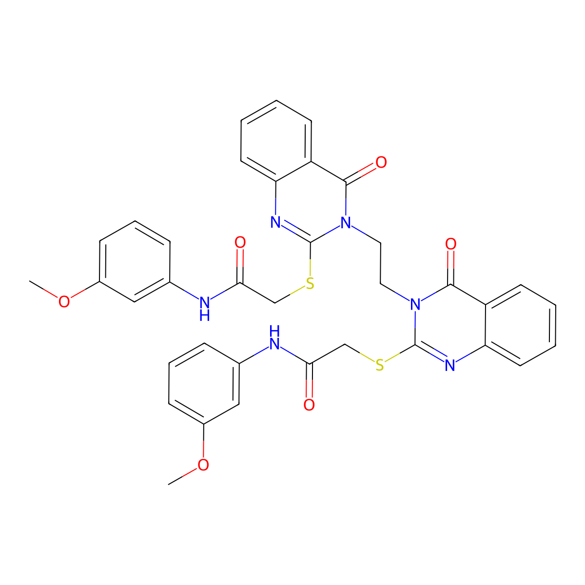 N-(3-methoxyphenyl)-2-[(3-{2-[2-({[(3-methoxyphenyl)carbamoyl]methyl}sulfanyl)-4-oxo-3,4-dihydroquinazolin-3-yl]ethyl}-4-oxo-3,4-dihydroquinazolin-2-yl)sulfanyl]acetamide molecular structure, CAS 689771-90-2