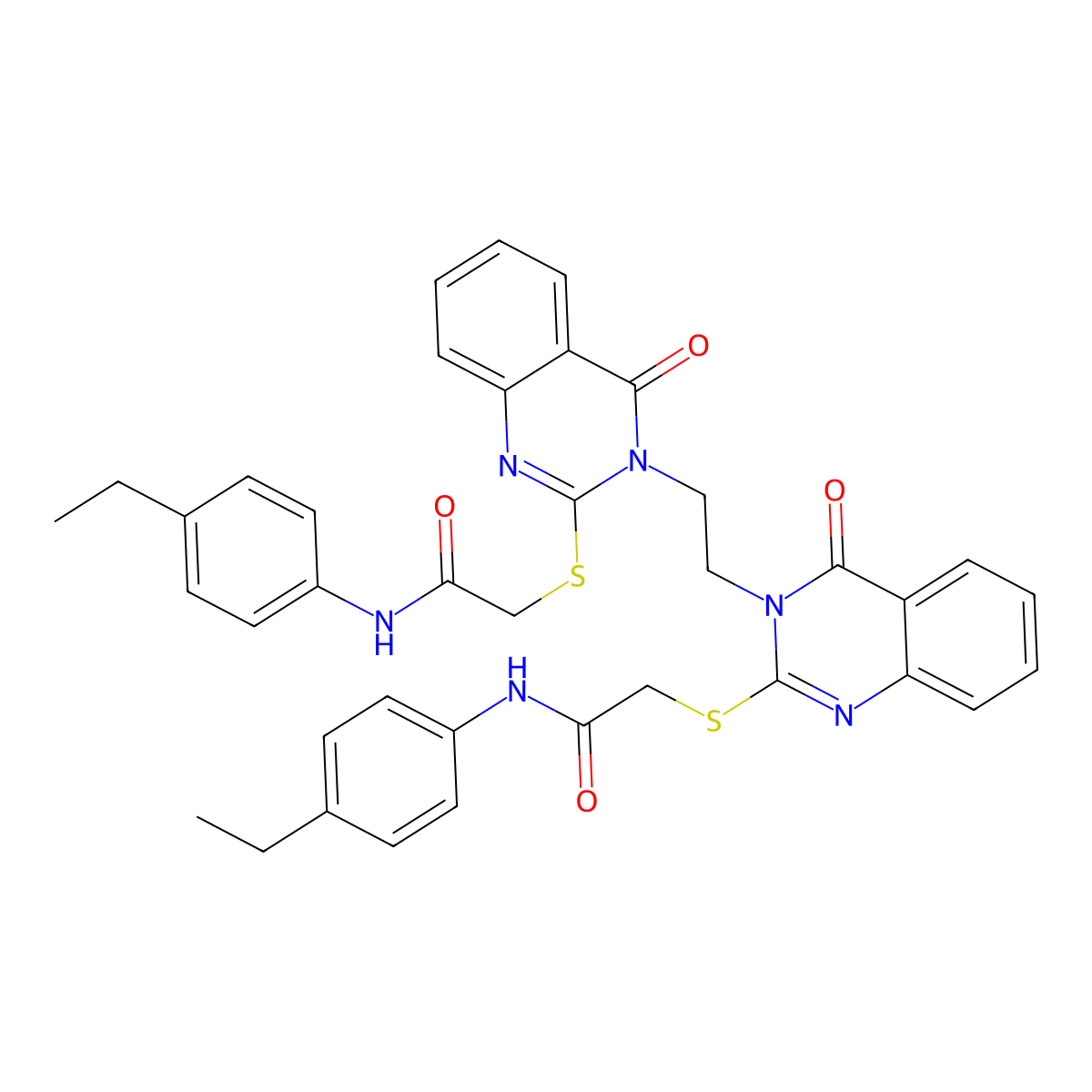 N-(4-ethylphenyl)-2-[(3-{2-[2-({[(4-ethylphenyl)carbamoyl]methyl}sulfanyl)-4-oxo-3,4-dihydroquinazolin-3-yl]ethyl}-4-oxo-3,4-dihydroquinazolin-2-yl)sulfanyl]acetamide molecular structure, CAS 689771-93-5