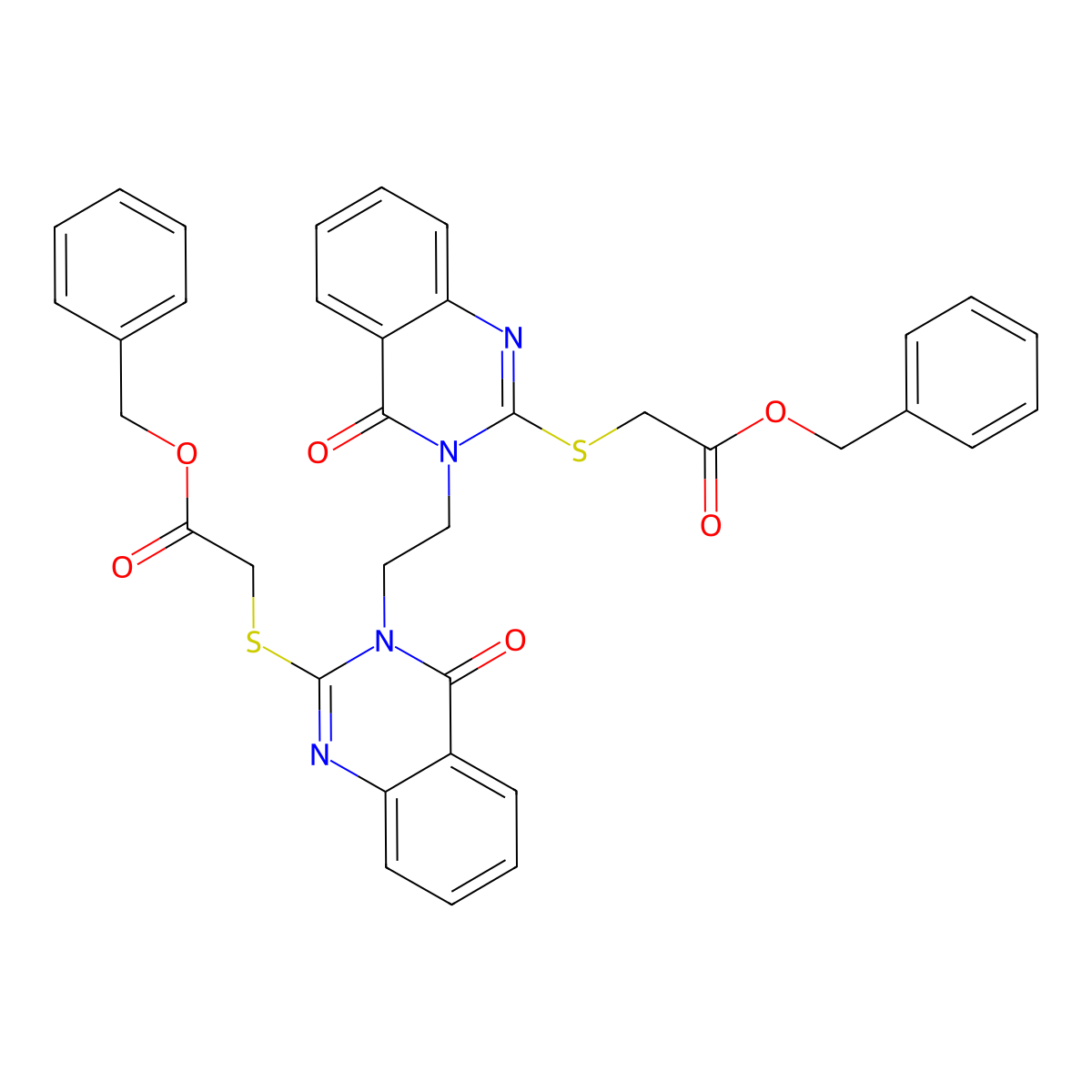 Benzyl 2-({3-[2-(2-{[2-(benzyloxy)-2-oxoethyl]sulfanyl}-4-oxo-3,4-dihydroquinazolin-3-yl)ethyl]-4-oxo-3,4-dihydroquinazolin-2-yl}sulfanyl)acetate molecular structure, CAS 689771-96-8