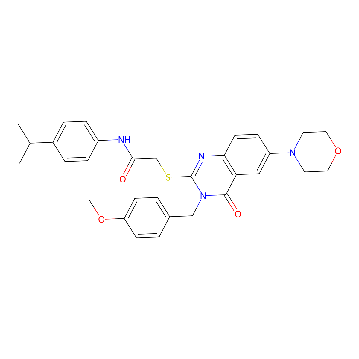 N-(4-isopropylphenyl)-2-((3-(4-methoxybenzyl)-6-morpholino-4-oxo-3,4-dihydroquinazolin-2-yl)thio)acetamide molecular structure, CAS 689771-98-0