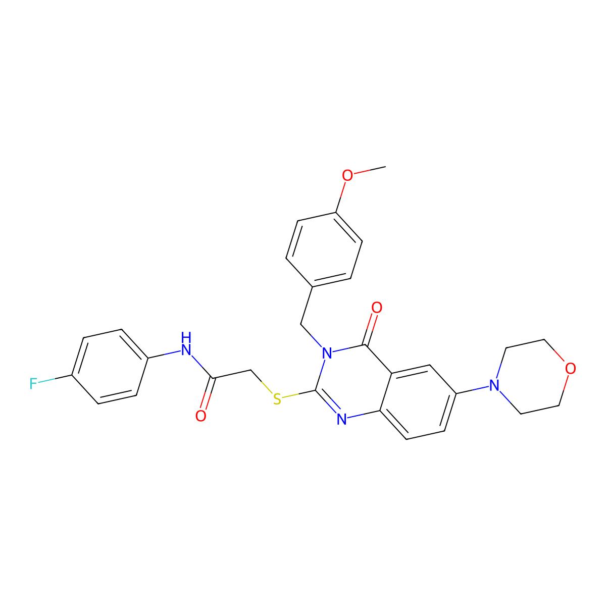 N-(4-fluorophenyl)-2-[3-[(4-methoxyphenyl)methyl]-6-morpholin-4-yl-4-oxoquinazolin-2-yl]sulfanylacetamide molecular structure, CAS 689772-07-4