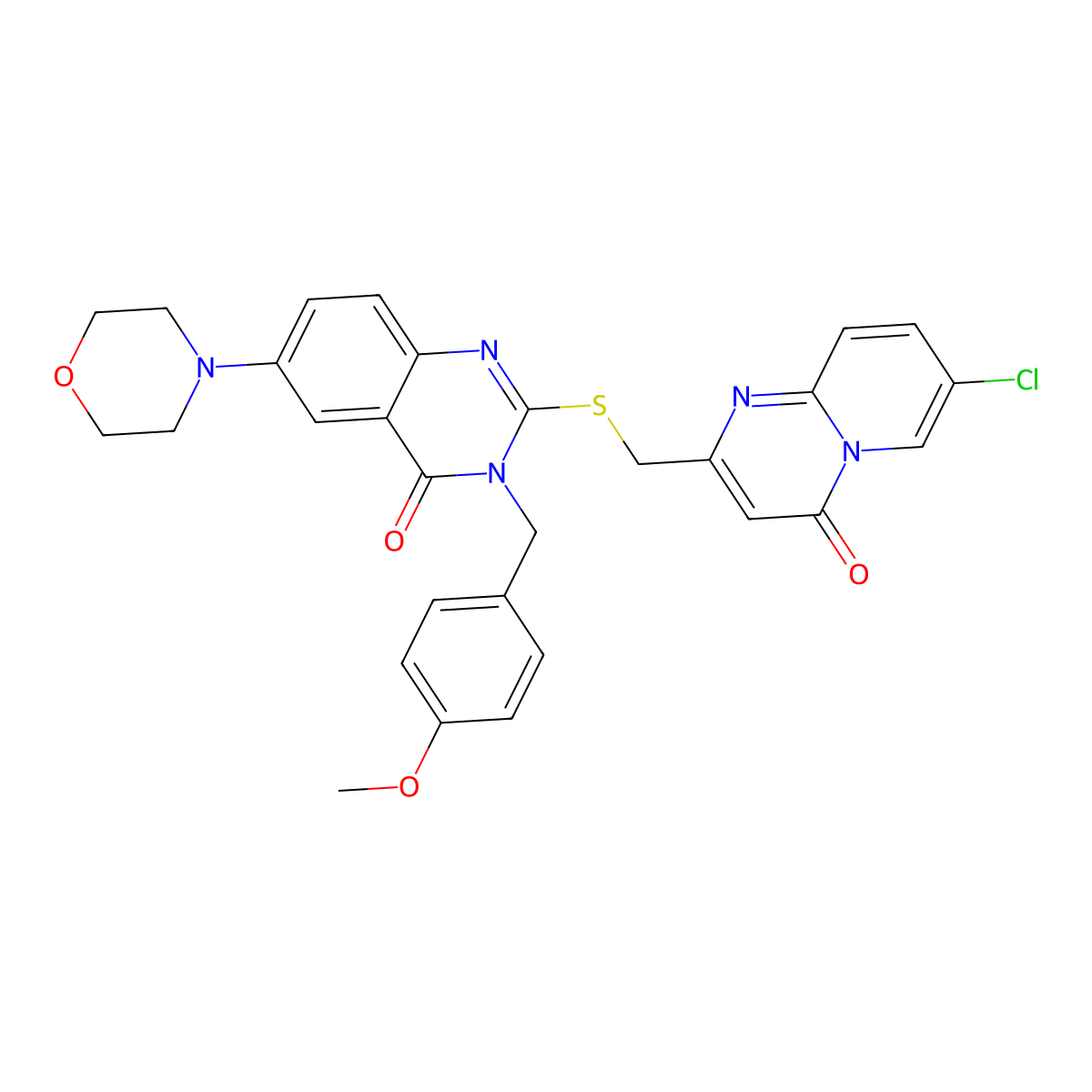 2-[(7-Chloro-4-oxopyrido[1,2-a]pyrimidin-2-yl)methylsulfanyl]-3-[(4-methoxyphenyl)methyl]-6-morpholin-4-ylquinazolin-4-one molecular structure, CAS 689772-13-2