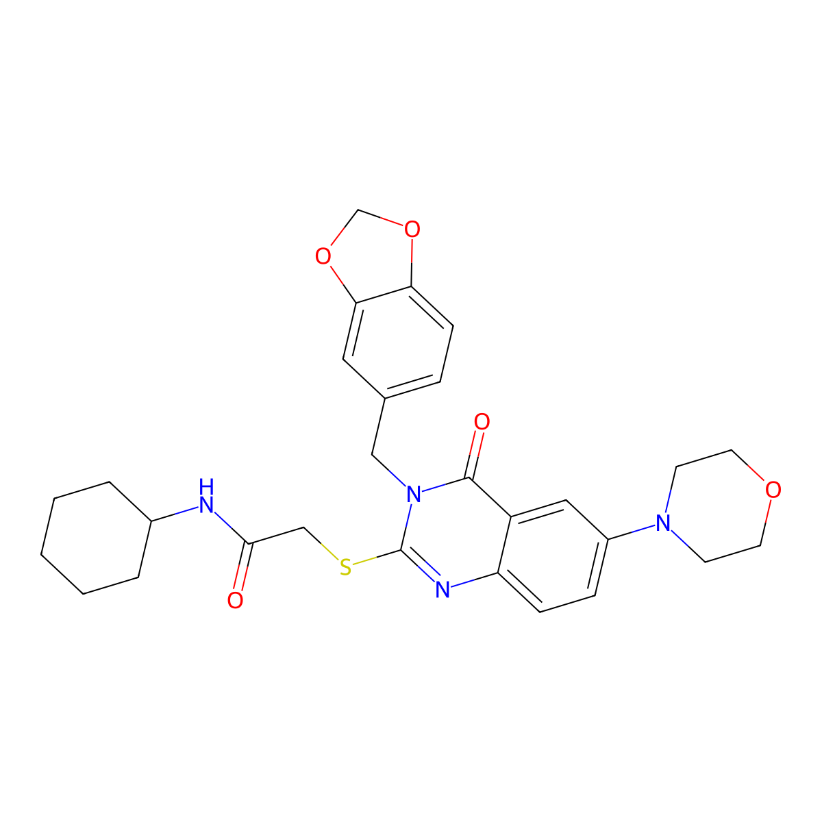 2-[3-(1,3-benzodioxol-5-ylmethyl)-6-morpholin-4-yl-4-oxoquinazolin-2-yl]sulfanyl-N-cyclohexylacetamide molecular structure, CAS 689772-40-5