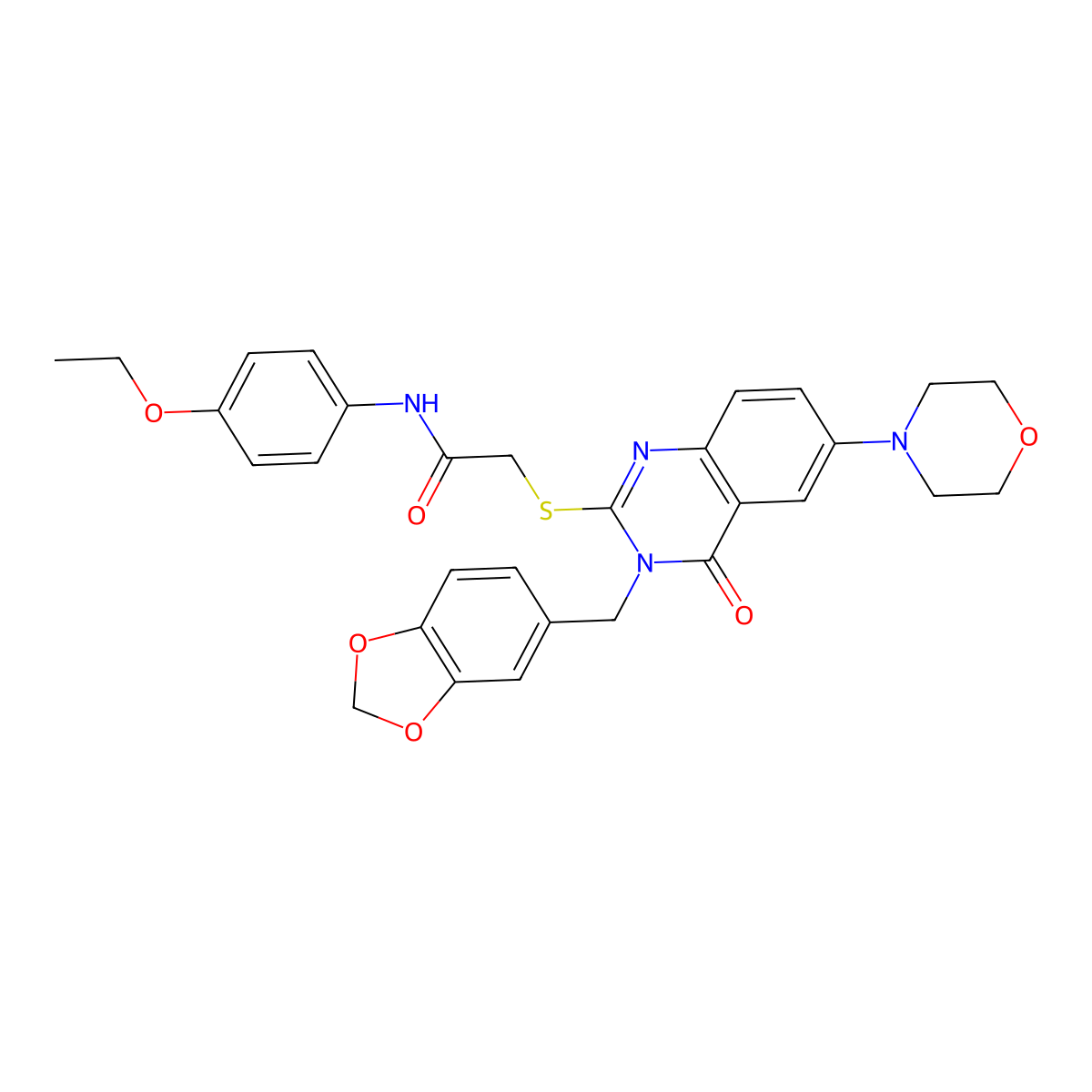 2-[3-(1,3-benzodioxol-5-ylmethyl)-6-morpholin-4-yl-4-oxoquinazolin-2-yl]sulfanyl-N-(4-ethoxyphenyl)acetamide molecular structure, CAS 689772-46-1
