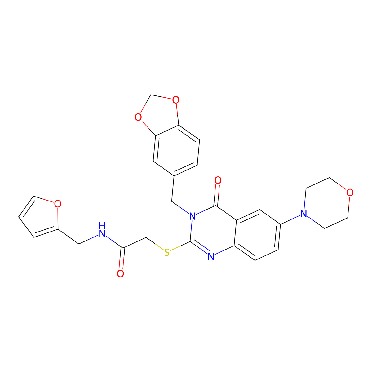 2-[3-(1,3-benzodioxol-5-ylmethyl)-6-morpholin-4-yl-4-oxoquinazolin-2-yl]sulfanyl-N-(furan-2-ylmethyl)acetamide molecular structure, CAS 689772-49-4