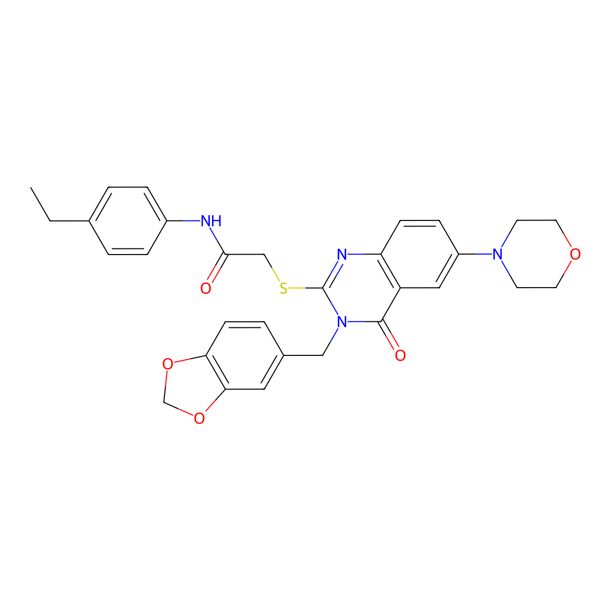 2-[3-(1,3-benzodioxol-5-ylmethyl)-6-morpholin-4-yl-4-oxoquinazolin-2-yl]sulfanyl-N-(4-ethylphenyl)acetamide molecular structure, CAS 689772-53-0