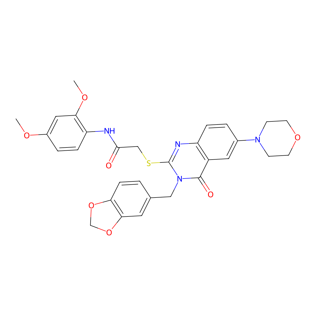2-[3-(1,3-benzodioxol-5-ylmethyl)-6-morpholin-4-yl-4-oxoquinazolin-2-yl]sulfanyl-N-(2,4-dimethoxyphenyl)acetamide molecular structure, CAS 689772-55-2