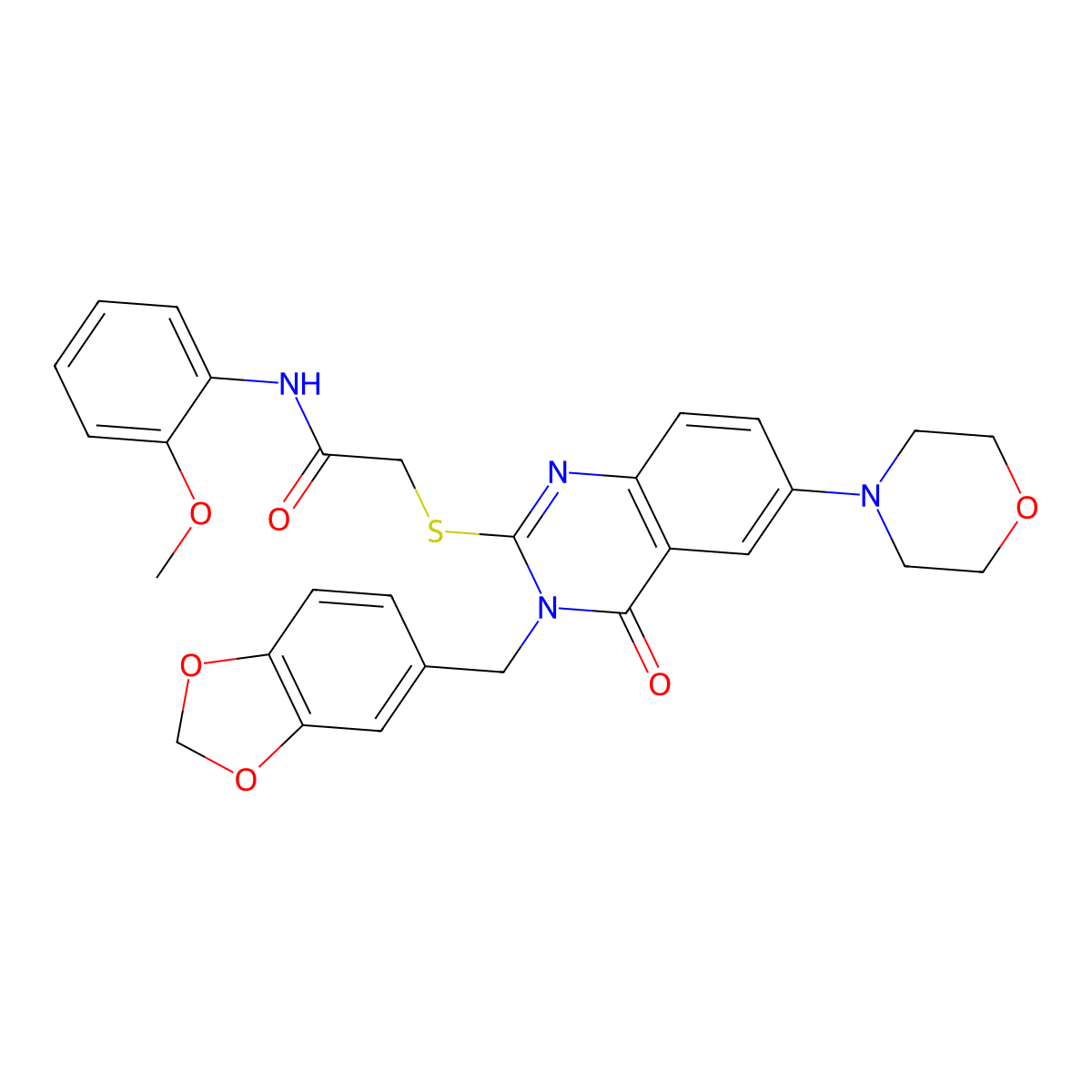 2-[3-(1,3-benzodioxol-5-ylmethyl)-6-morpholin-4-yl-4-oxoquinazolin-2-yl]sulfanyl-N-(2-methoxyphenyl)acetamide molecular structure, CAS 689772-57-4