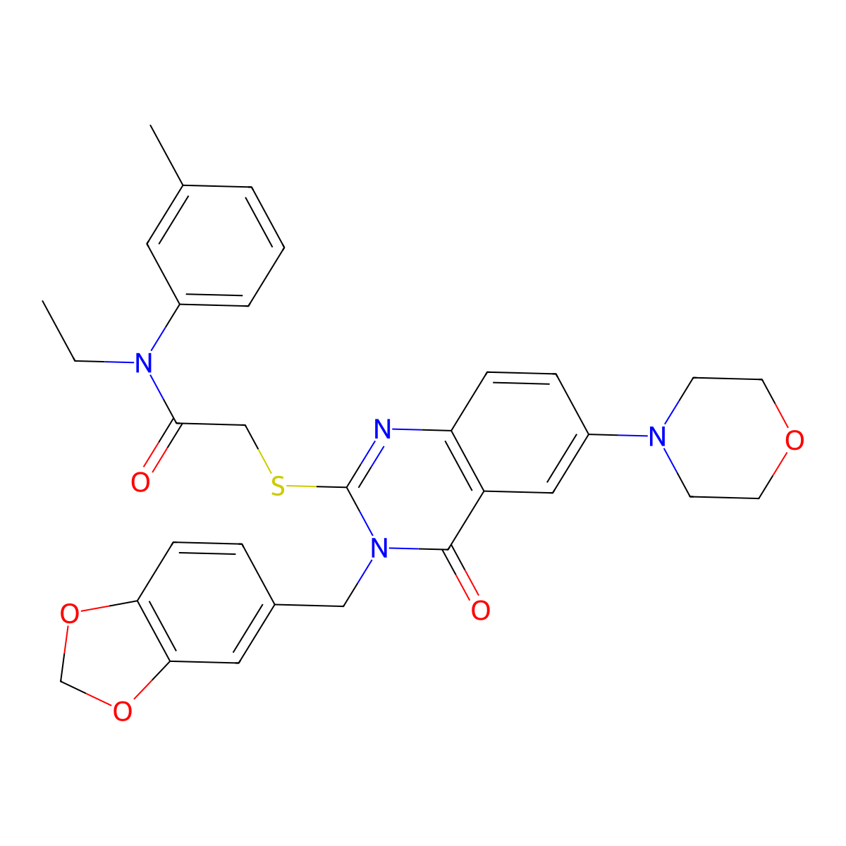 2-[3-(1,3-benzodioxol-5-ylmethyl)-6-morpholin-4-yl-4-oxoquinazolin-2-yl]sulfanyl-N-ethyl-N-(3-methylphenyl)acetamide molecular structure, CAS 689772-59-6