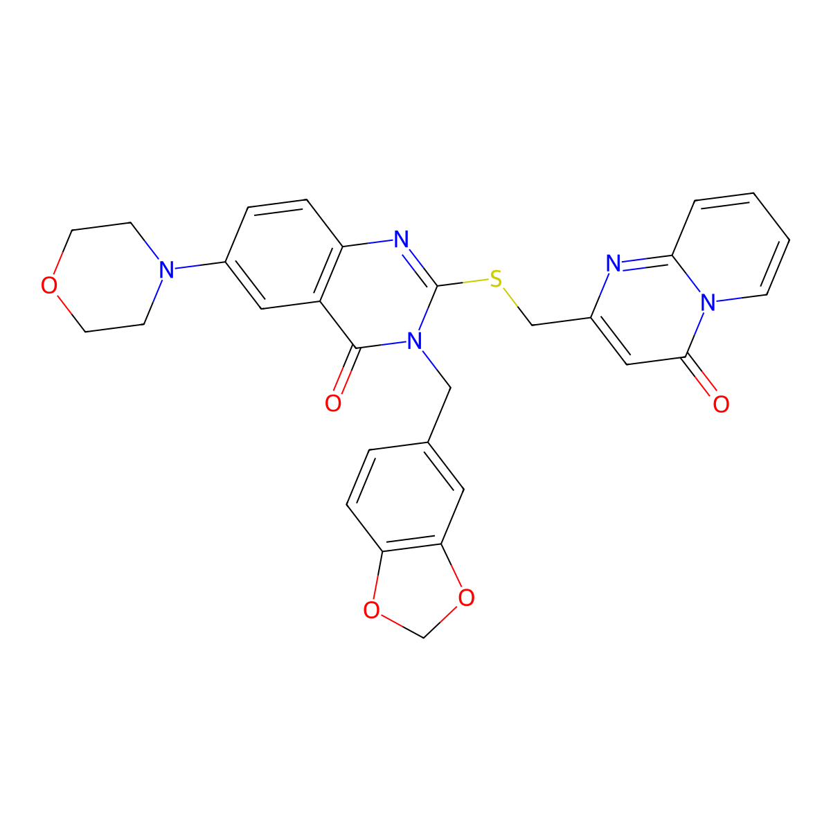 3-(1,3-Benzodioxol-5-ylmethyl)-6-morpholin-4-yl-2-[(4-oxopyrido[1,2-a]pyrimidin-2-yl)methylsulfanyl]quinazolin-4-one molecular structure, CAS 689772-61-0