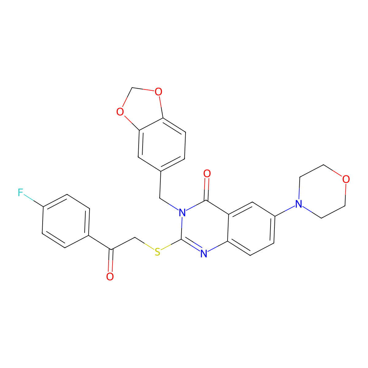 3-(1,3-Benzodioxol-5-ylmethyl)-2-[2-(4-fluorophenyl)-2-oxoethyl]sulfanyl-6-morpholin-4-ylquinazolin-4-one molecular structure, CAS 689772-63-2
