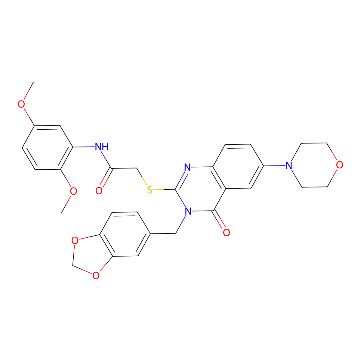 2-[3-(1,3-benzodioxol-5-ylmethyl)-6-morpholin-4-yl-4-oxoquinazolin-2-yl]sulfanyl-N-(2,5-dimethoxyphenyl)acetamide molecular structure, CAS 689772-67-6