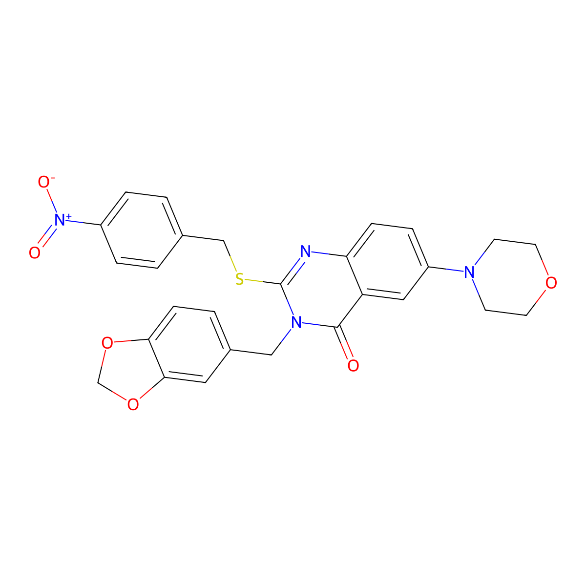 3-(1,3-Benzodioxol-5-ylmethyl)-6-morpholin-4-yl-2-[(4-nitrophenyl)methylsulfanyl]quinazolin-4-one molecular structure, CAS 689772-69-8