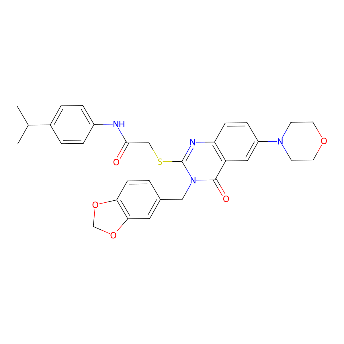 2-((3-(benzo[d][1,3]dioxol-5-ylmethyl)-6-morpholino-4-oxo-3,4-dihydroquinazolin-2-yl)thio)-N-(4-isopropylphenyl)acetamide molecular structure, CAS 689772-72-3