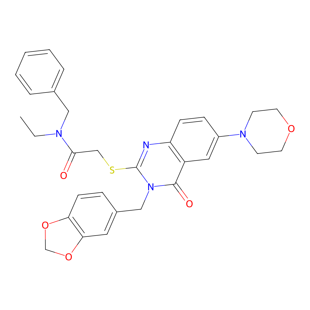 2-[3-(1,3-benzodioxol-5-ylmethyl)-6-morpholin-4-yl-4-oxoquinazolin-2-yl]sulfanyl-N-benzyl-N-ethylacetamide molecular structure, CAS 689772-73-4