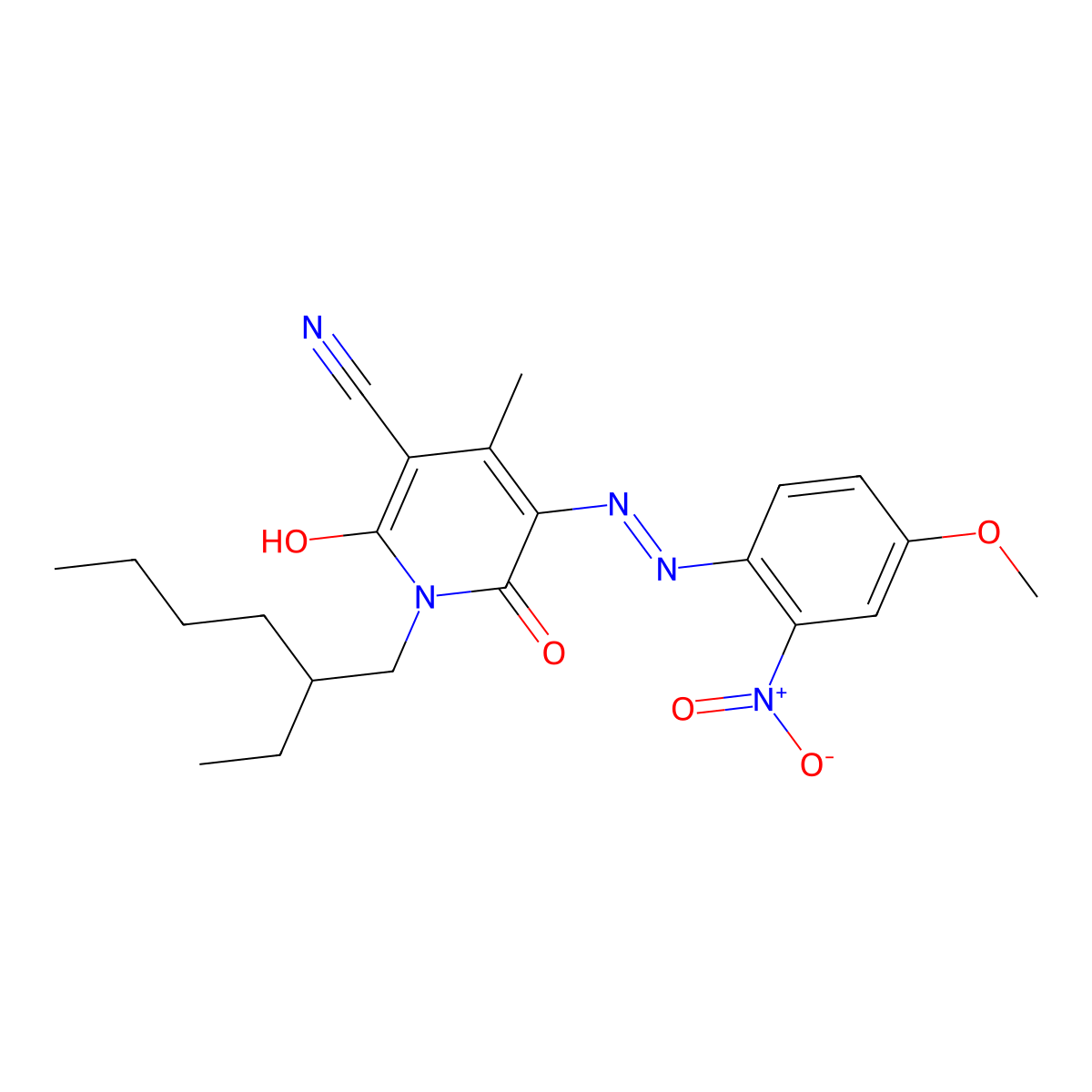3-Pyridinecarbonitrile, 1-(2-ethylhexyl)-1,2-dihydro-6-hydroxy-5-[2-(4-methoxy-2-nitrophenyl)diazenyl]-4-methyl-2-oxo- molecular structure, CAS 68992-01-8