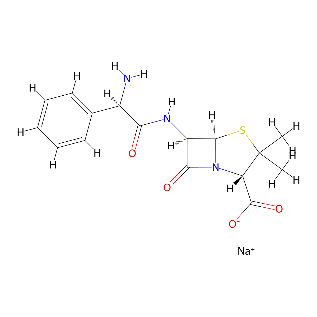 sodium (2S,5R,6R)-6-[[(2R)-2-amino-2-phenylacetyl]amino]-3,3-dimethyl-7-oxo-4-thia-1-azabicyclo[3.2.0]heptane-2-carboxylate molecular structure, CAS 69-52-3