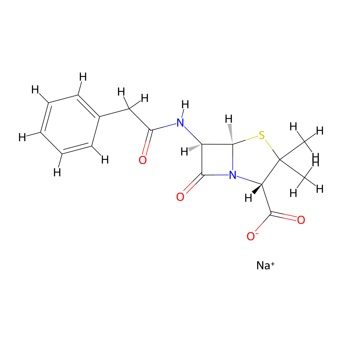 sodium (2S,5R,6R)-3,3-dimethyl-7-oxo-6-[(2-phenylacetyl)amino]-4-thia-1-azabicyclo[3.2.0]heptane-2-carboxylate molecular structure, CAS 69-57-8
