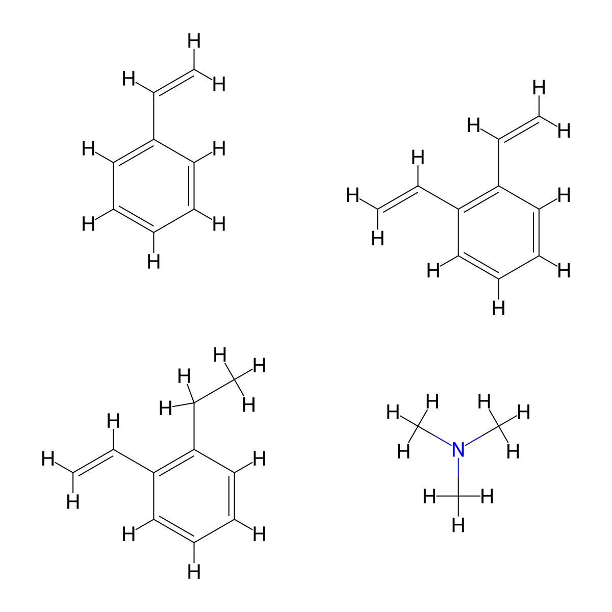 1,2-diethenylbenzene; N,N-dimethylmethanamine; 1-ethenyl-2-ethyl-benzene; styrene molecular structure, CAS 69011-19-4