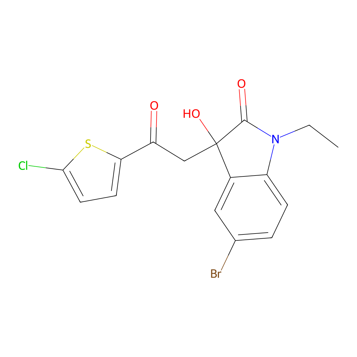5-Bromo-3-[2-(5-chlorothiophen-2-yl)-2-oxoethyl]-1-ethyl-3-hydroxyindol-2-one molecular structure, CAS 690213-85-5