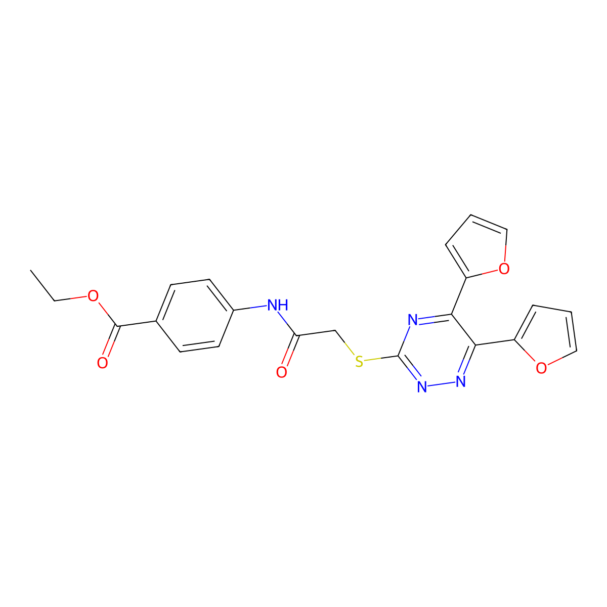 Ethyl 4-[2-(5,6-di(2-furyl)-1,2,4-triazin-3-ylthio)acetylamino]benzoate molecular structure, CAS 690218-85-0