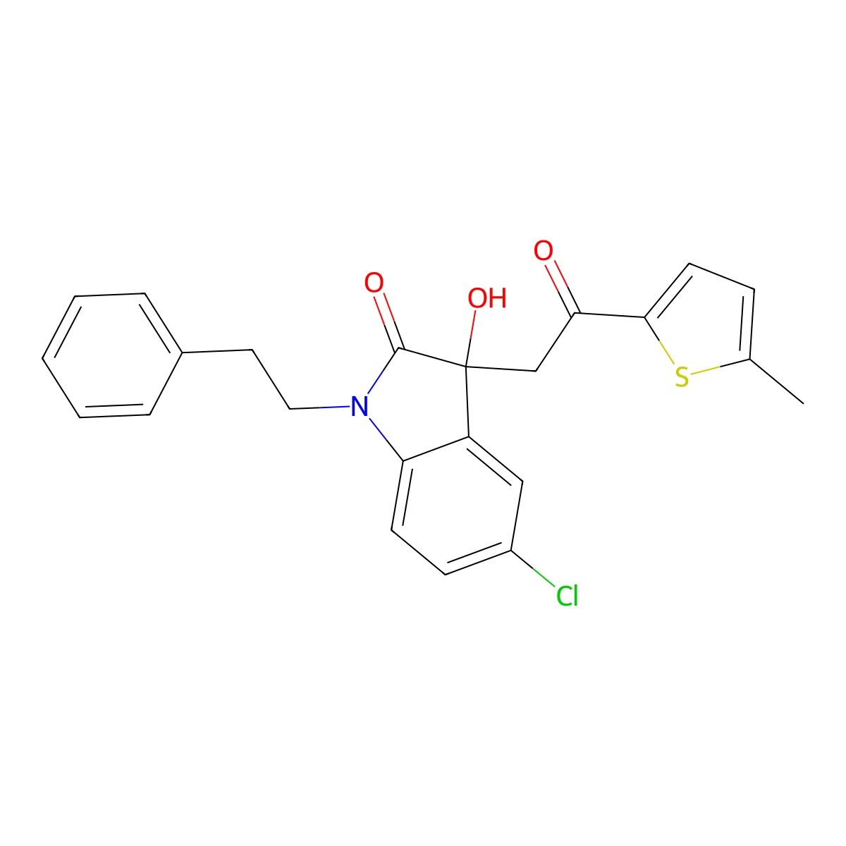 5-chloro-3-hydroxy-3-[2-(5-methylthiophen-2-yl)-2-oxoethyl]-1-(2-phenylethyl)-1,3-dihydro-2H-indol-2-one molecular structure, CAS 690225-30-0