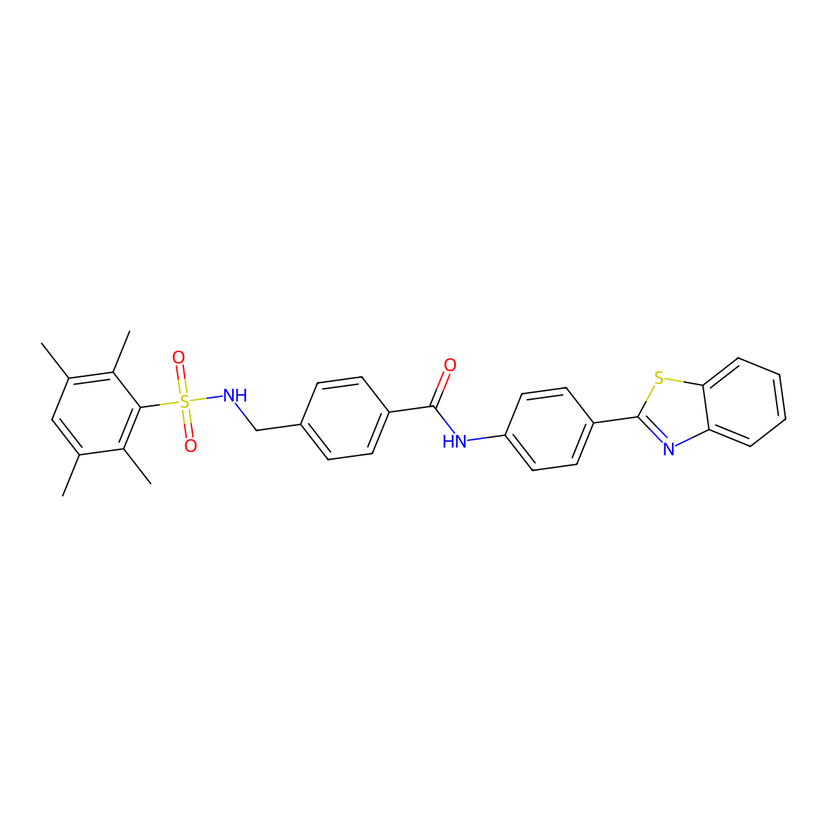N-[4-(1,3-benzothiazol-2-yl)phenyl]-4-[[(2,3,5,6-tetramethylphenyl)sulfonylamino]methyl]benzamide molecular structure, CAS 690245-82-0