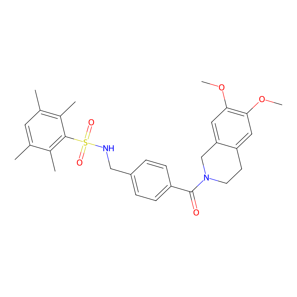 N-(4-(6,7-dimethoxy-1,2,3,4-tetrahydroisoquinoline-2-carbonyl)benzyl)-2,3,5,6-tetramethylbenzenesulfonamide molecular structure, CAS 690245-89-7