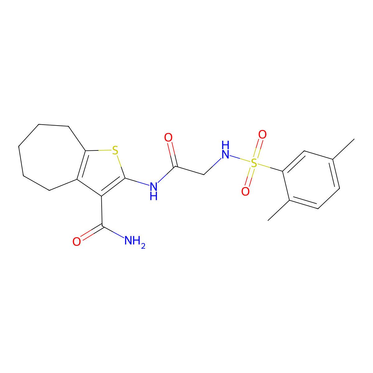 2-[[2-[(2,5-dimethylphenyl)sulfonylamino]acetyl]amino]-5,6,7,8-tetrahydro-4H-cyclohepta[b]thiophene-3-carboxamide molecular structure, CAS 690246-06-1