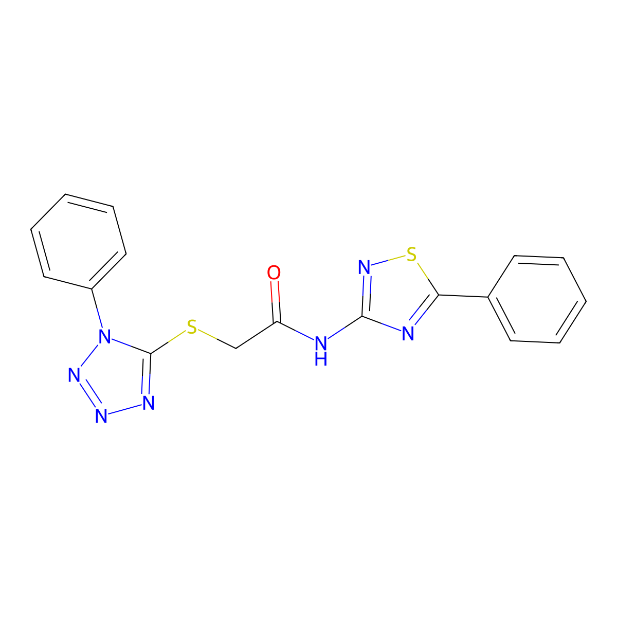 2-[(1-phenyl-1H-tetrazol-5-yl)thio]-N-(5-phenyl-1,2,4-thiadiazol-3-yl)acetamide molecular structure, CAS 690246-22-1