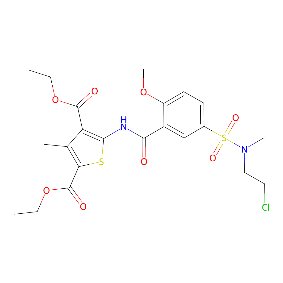 Diethyl 5-[({5-[(2-chloroethyl)(methyl)sulfamoyl]-2-methoxyphenyl}carbonyl)amino]-3-methylthiophene-2,4-dicarboxylate molecular structure, CAS 690246-50-5