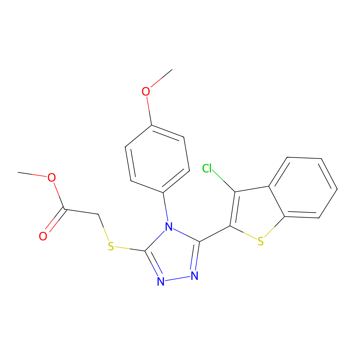Methyl 2-[[5-(3-chloro-1-benzothiophen-2-yl)-4-(4-methoxyphenyl)-1,2,4-triazol-3-yl]sulfanyl]acetate molecular structure, CAS 690246-54-9