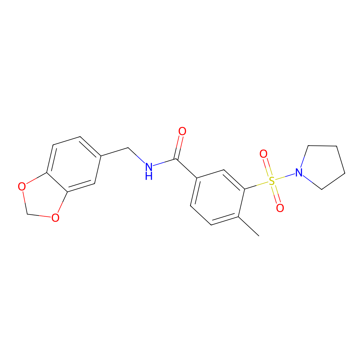 N-(1,3-benzodioxol-5-ylmethyl)-4-methyl-3-pyrrolidin-1-ylsulfonylbenzamide molecular structure, CAS 690246-86-7
