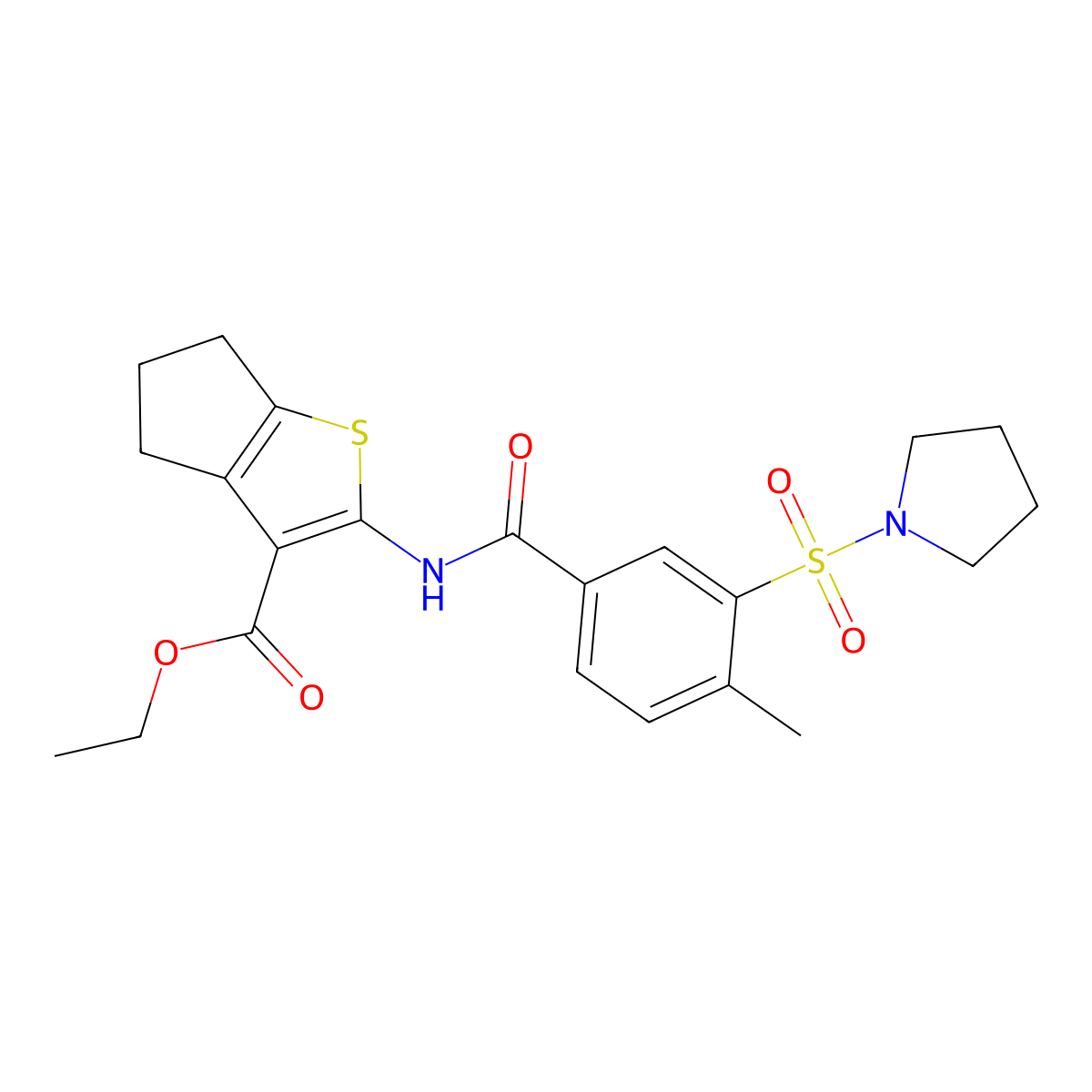 ethyl 2-(4-methyl-3-(pyrrolidin-1-ylsulfonyl)benzamido)-5,6-dihydro-4H-cyclopenta[b]thiophene-3-carboxylate molecular structure, CAS 690246-89-0