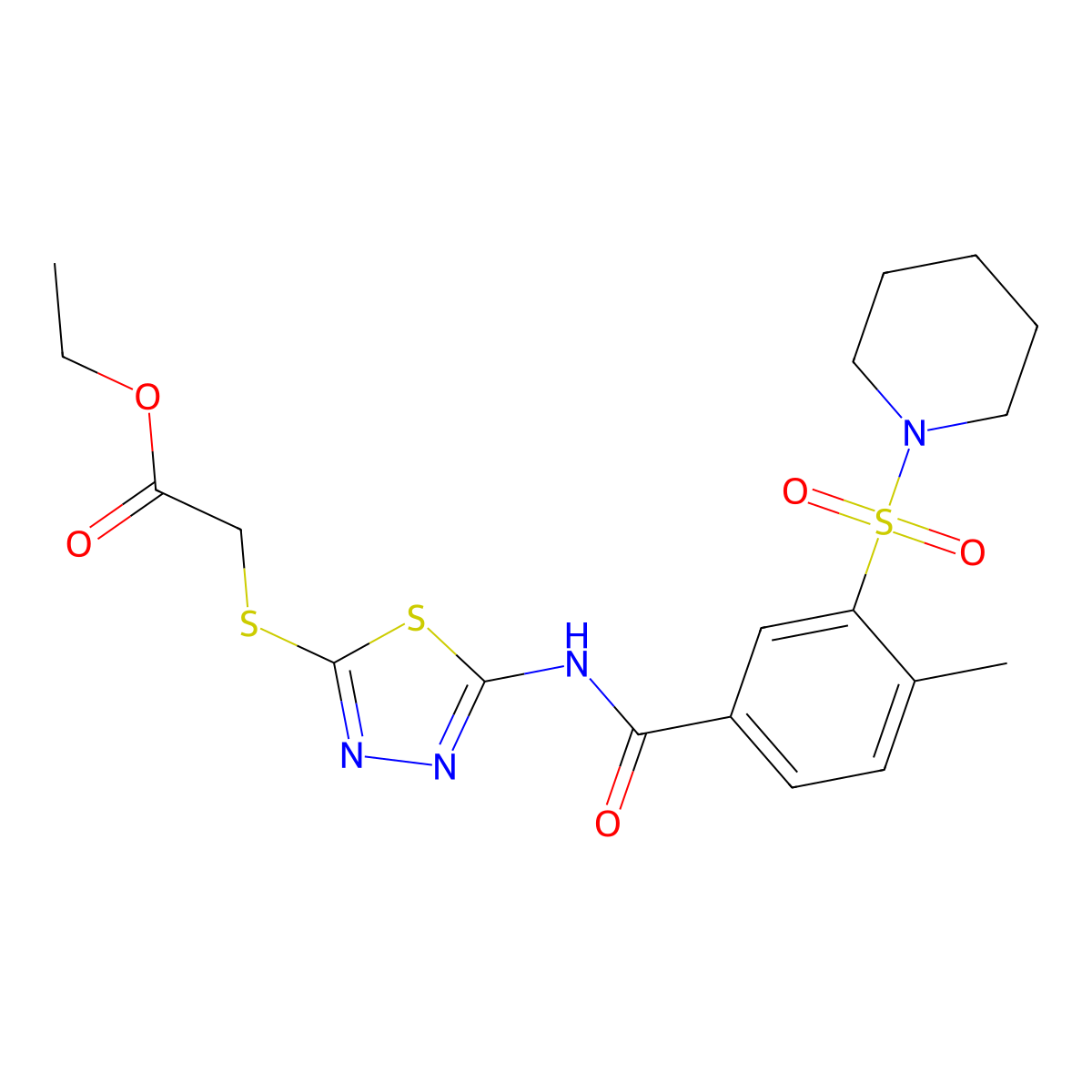 Ethyl 2-((5-(4-methyl-3-(piperidin-1-ylsulfonyl)benzamido)-1,3,4-thiadiazol-2-yl)thio)acetate molecular structure, CAS 690248-85-2