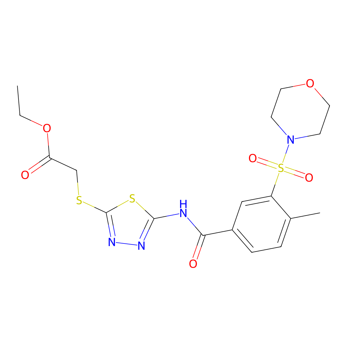 Ethyl 2-((5-(4-methyl-3-(morpholinosulfonyl)benzamido)-1,3,4-thiadiazol-2-yl)thio)acetate molecular structure, CAS 690248-86-3