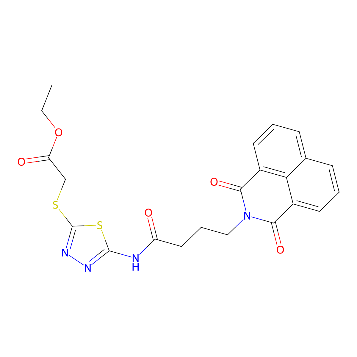 Ethyl 2-[[5-[4-(1,3-dioxobenzo[de]isoquinolin-2-yl)butanoylamino]-1,3,4-thiadiazol-2-yl]sulfanyl]acetate molecular structure, CAS 690248-87-4