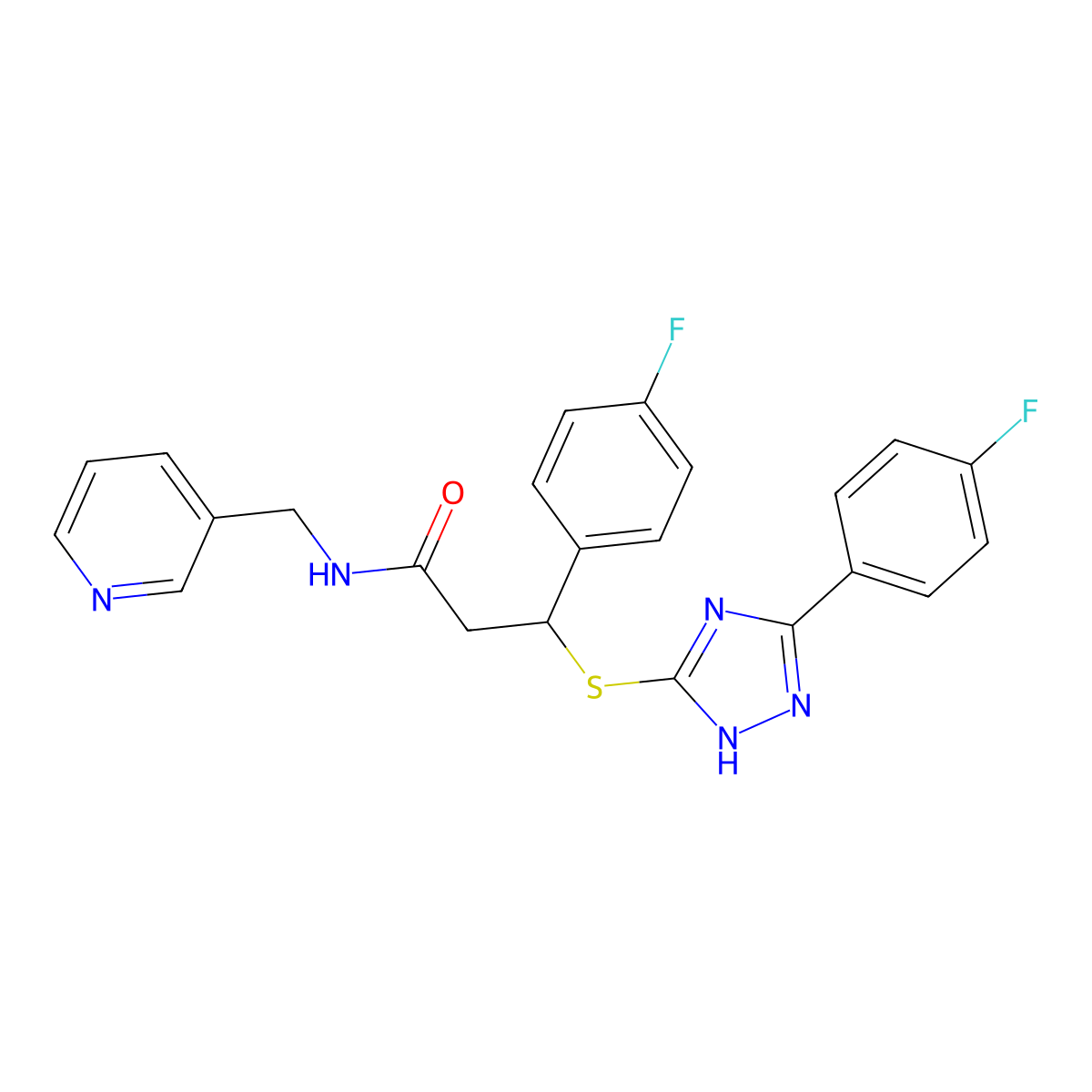 3-(4-fluorophenyl)-3-{[3-(4-fluorophenyl)-1H-1,2,4-triazol-5-yl]sulfanyl}-N-(pyridin-3-ylmethyl)propanamide molecular structure, CAS 690248-91-0
