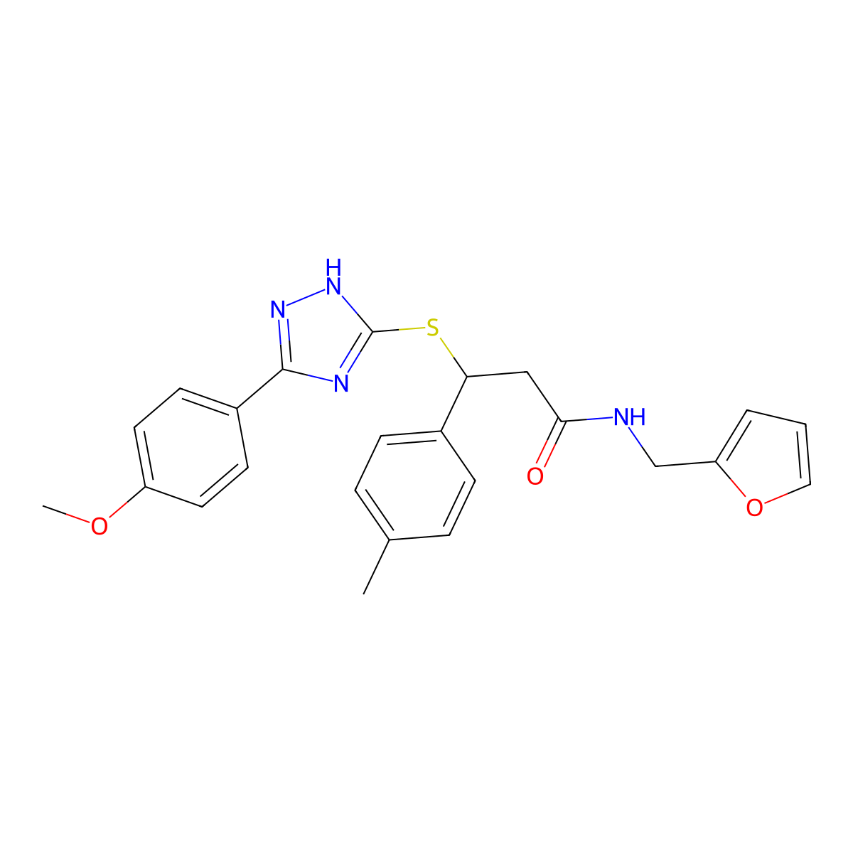 N-(furan-2-ylmethyl)-3-((3-(4-methoxyphenyl)-1H-1,2,4-triazol-5-yl)thio)-3-(p-tolyl)propanamide molecular structure, CAS 690249-02-6