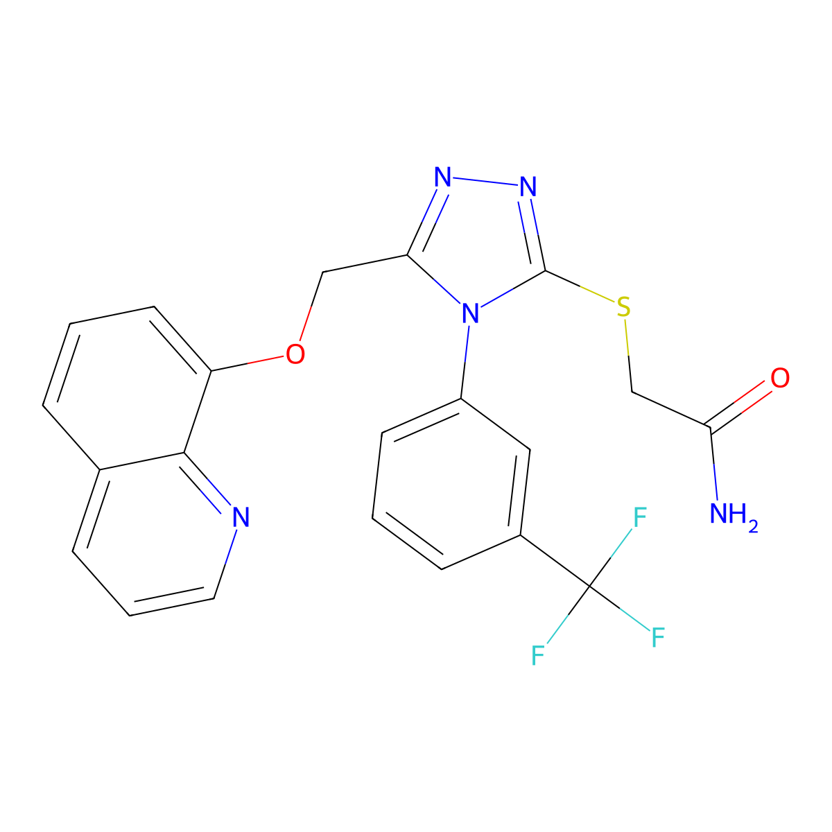 2-((5-((quinolin-8-yloxy)methyl)-4-(3-(trifluoromethyl)phenyl)-4H-1,2,4-triazol-3-yl)thio)acetamide molecular structure, CAS 690249-08-2