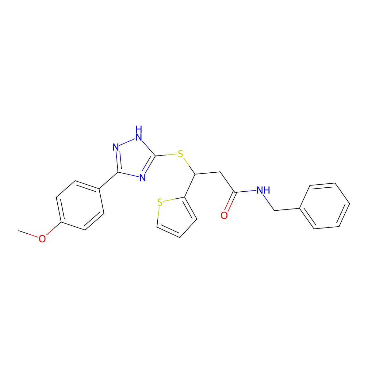 N-benzyl-3-{[3-(4-methoxyphenyl)-1H-1,2,4-triazol-5-yl]sulfanyl}-3-(thiophen-2-yl)propanamide molecular structure, CAS 690249-13-9