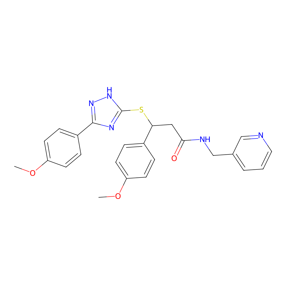 3-(4-methoxyphenyl)-3-((3-(4-methoxyphenyl)-1H-1,2,4-triazol-5-yl)thio)-N-(pyridin-3-ylmethyl)propanamide molecular structure, CAS 690249-23-1