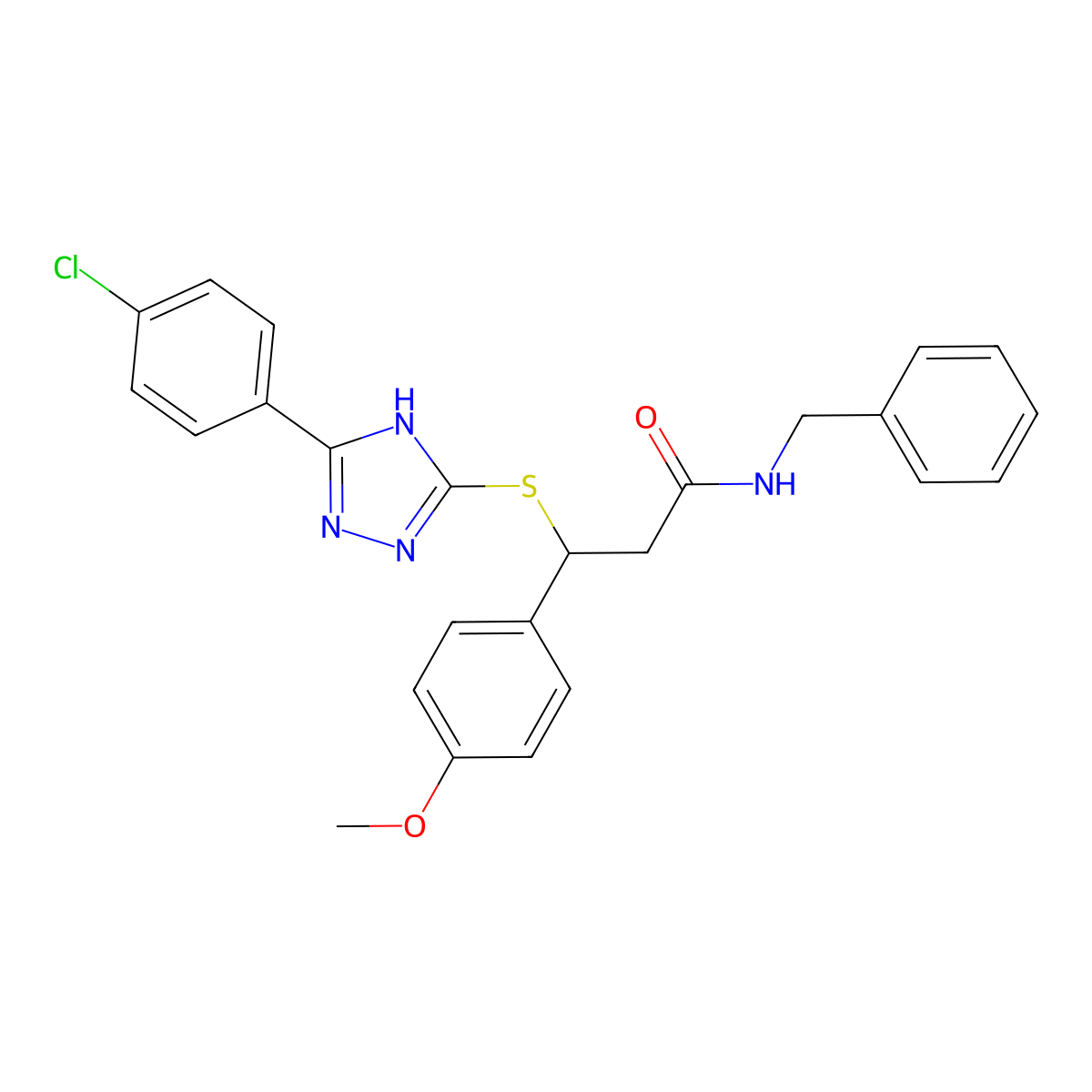 N-benzyl-3-{[5-(4-chlorophenyl)-4H-1,2,4-triazol-3-yl]sulfanyl}-3-(4-methoxyphenyl)propanamide molecular structure, CAS 690249-39-9